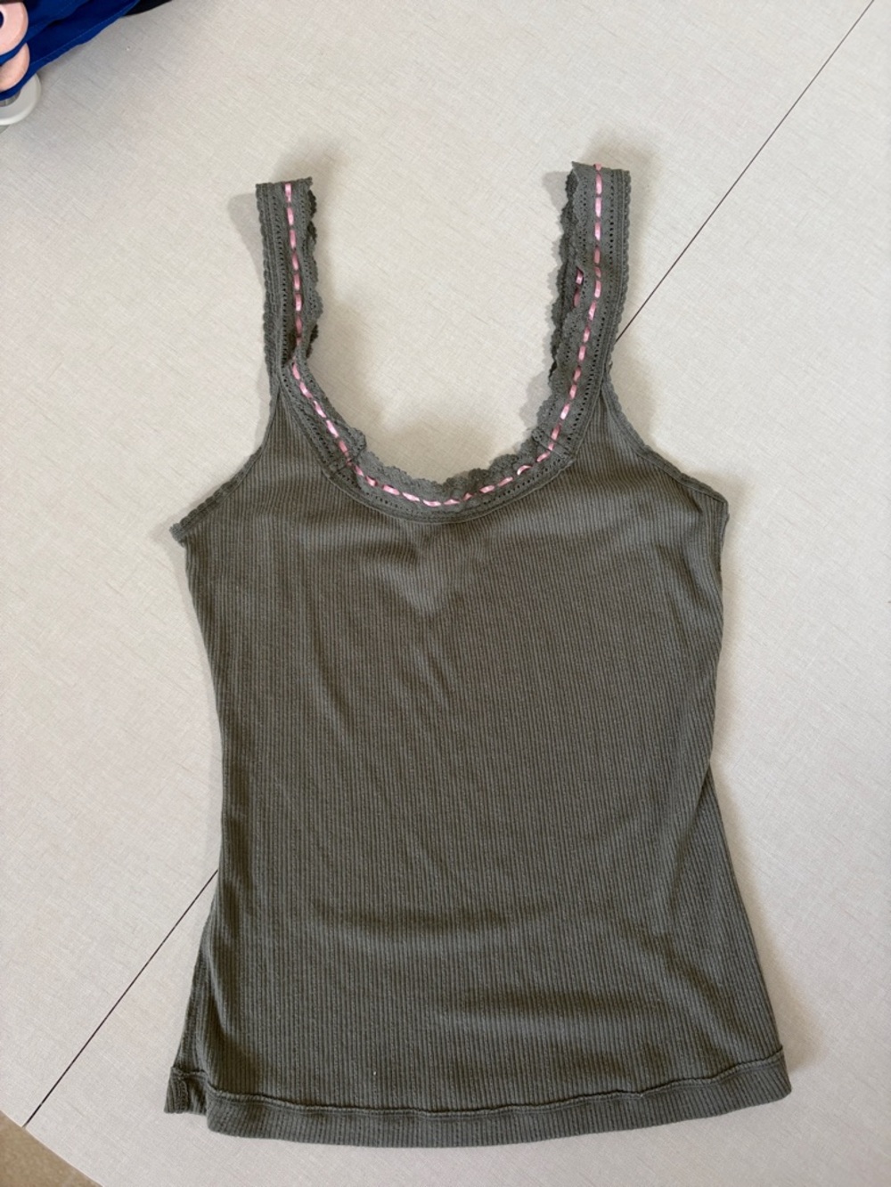 Free People Olive Ribbed Tank with Pink Trim - Women